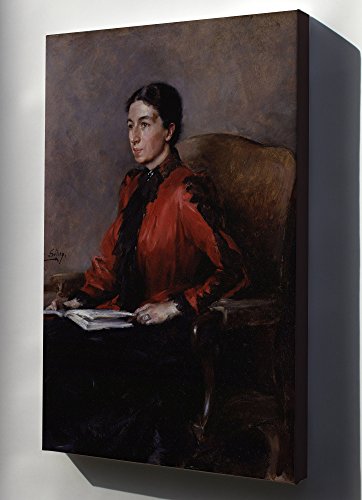 Portrait of a woman in a red dress seated in a chair.