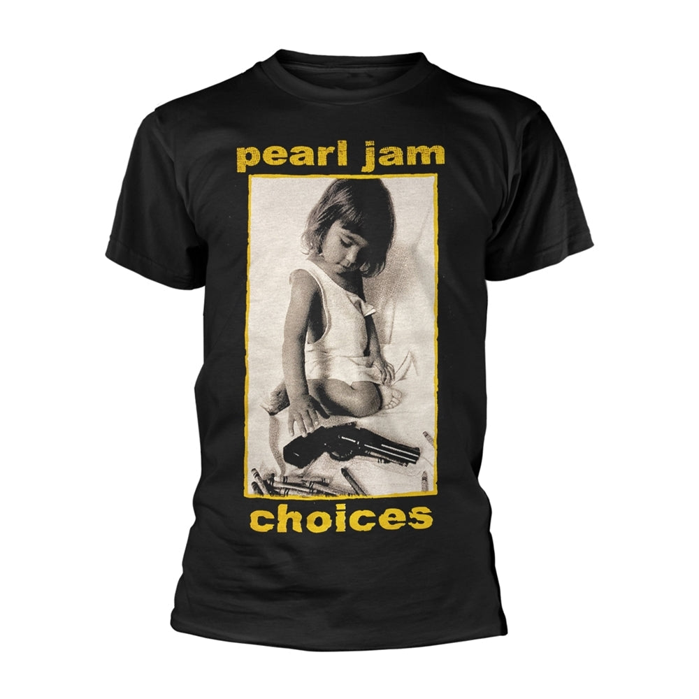 Black Pearl Jam t-shirt featuring a child with a gun and the text Choices.