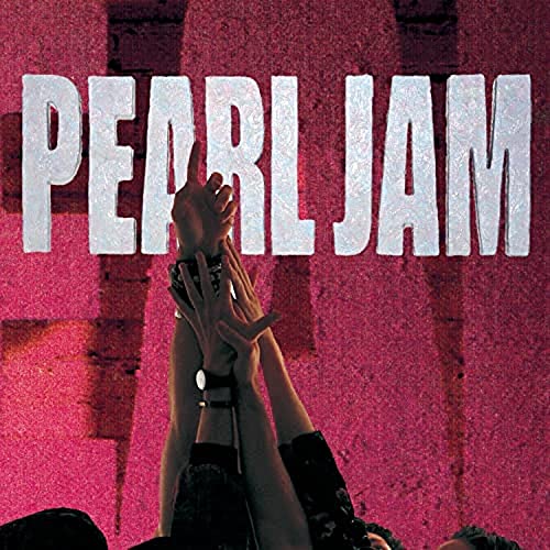 Pearl Jam “Ten” CD cover: raised arms against a red brick wall.