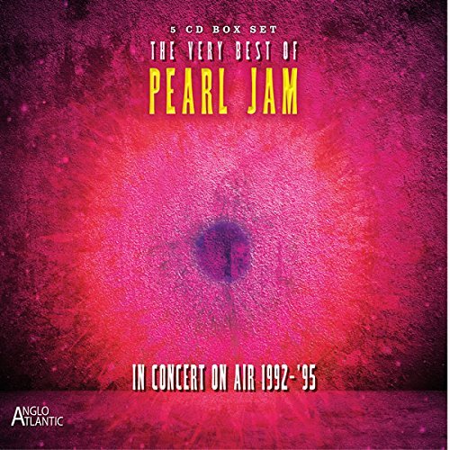"Pearl Jam 5-CD box set cover with pink textured background and yellow title text."