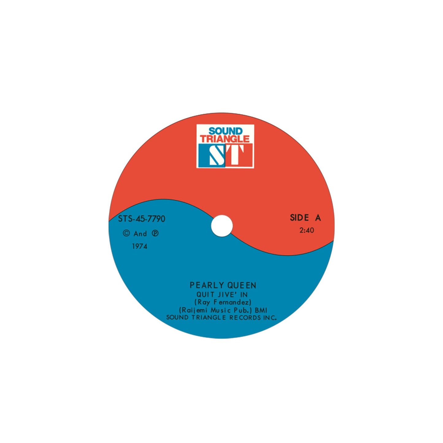 Red and blue vinyl record label with "Pearly Queen - Quit Jive In" text.
