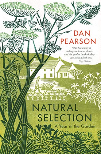 Green and white illustrated book cover depicting a garden and cottage.