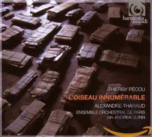 CD cover with stacked packages and text: “L’Oiseau Innumerable” by Thierry Pécou.