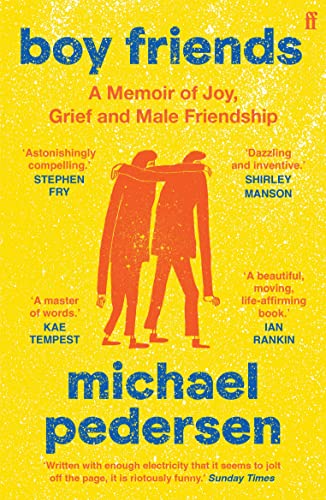 Book cover with yellow background, blue text, and an illustration of two figures embracing.