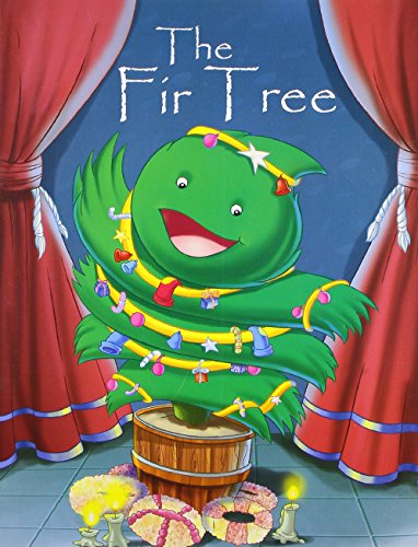 Cartoon fir tree with decorations stands on a barrel, stage backdrop.