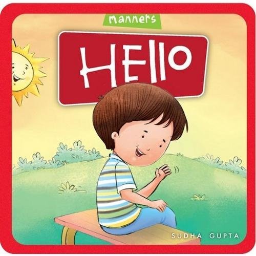 Book cover: "Hello" with a boy waving, sun, and green landscape.