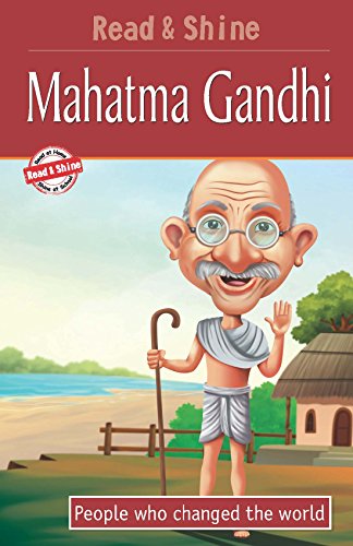 Cartoon illustration of Mahatma Gandhi with a walking stick, book cover.