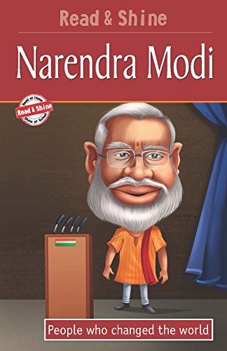Book cover featuring a cartoon illustration of Narendra Modi at a podium.