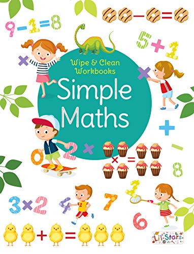 Simple Maths" workbook cover with children, animals, and basic arithmetic problems.