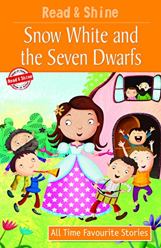 Snow White with dwarfs in front of a cottage, book cover.