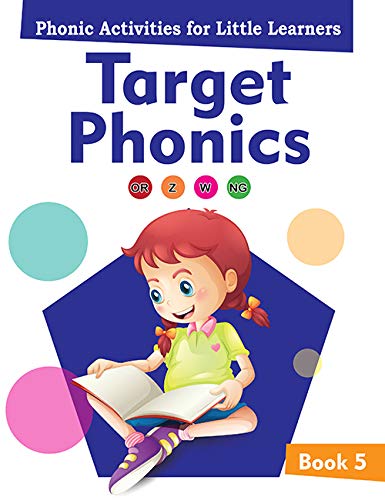 “Target Phonics 5” book cover with a girl reading, colorful shapes.