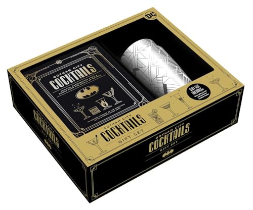 Black gift box with gold trim containing a cocktail recipe book and shaker.