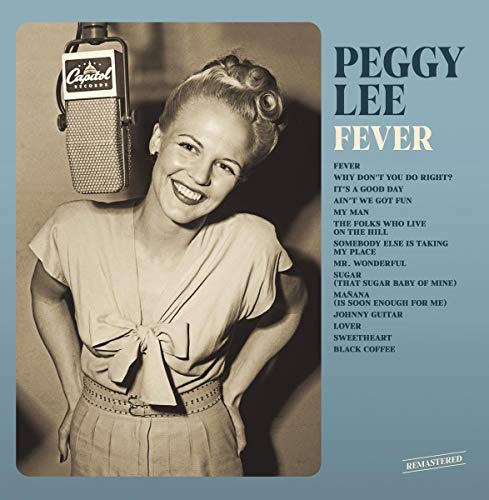 Peggy Lee's "Fever" vinyl record cover with a portrait of the singer.