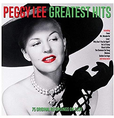 Black and white portrait of Peggy Lee wearing a hat, pearls, and black gloves.