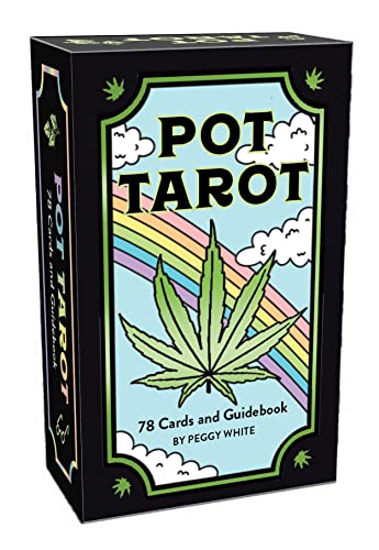 Box for "Pot Tarot" cards featuring cannabis leaf and rainbow design.