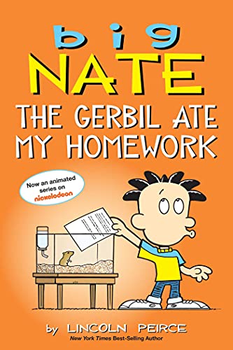 Book cover: "Big Nate" cartoon boy with a gerbil and homework.