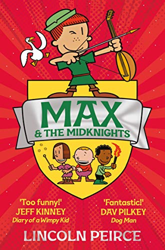 Boy with bow and arrow, shield with cartoon faces, book cover.