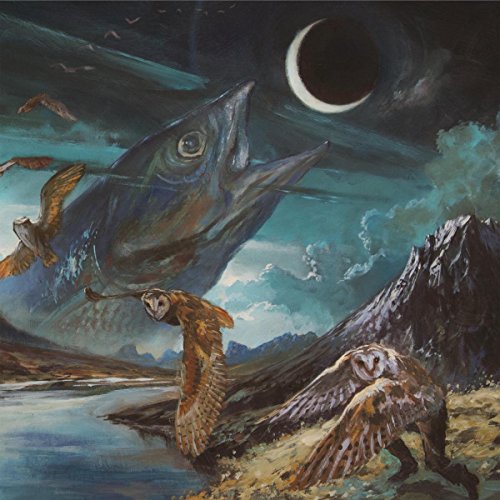 Painted album cover featuring a large fish, owls, mountains, and a solar eclipse.