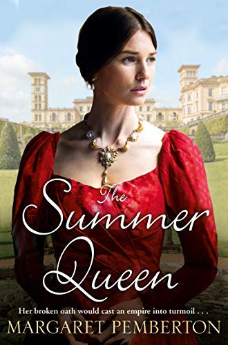 Book cover: woman in red dress, palace background, title “The Summer Queen”.