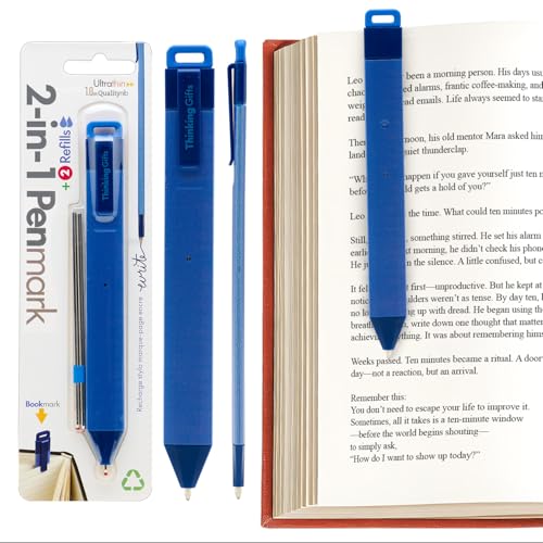 Blue pen-shaped bookmark with refills, clipped to an open book.