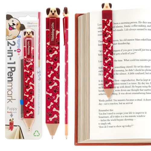 Red pen-shaped bookmark with a puppy face, bone pattern, and refills.