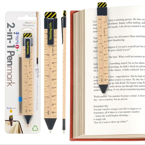 Pen-shaped ruler and bookmark with refills, shown next to an open book.