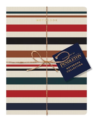 Striped notebooks tied with twine, with a Pendleton tag attached.