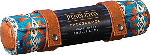 Rolled-up Pendleton backgammon game with colorful geometric pattern and leather straps.