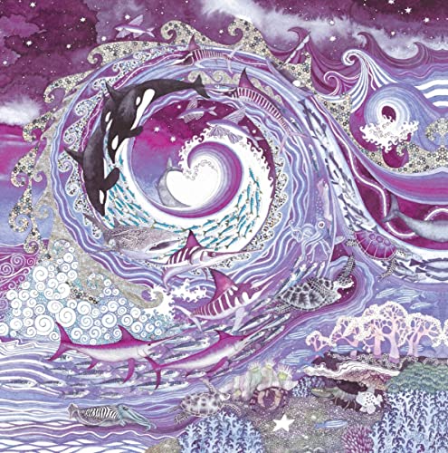 Whimsical purple and blue illustration of orcas and marine life swirling.
