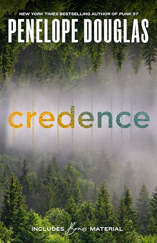 Book cover for Credence by Penelope Douglas featuring a misty forest and mirrored trees.