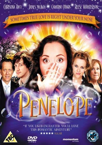 “Penelope” DVD cover featuring Christina Ricci with cast members and a magical glow.