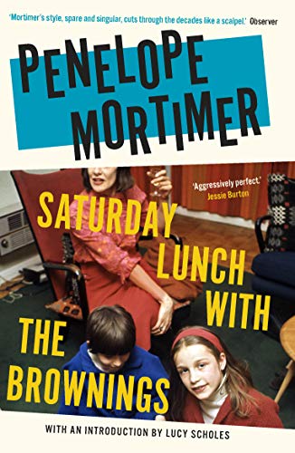 Book cover: woman in red dress with two children in a living room.
