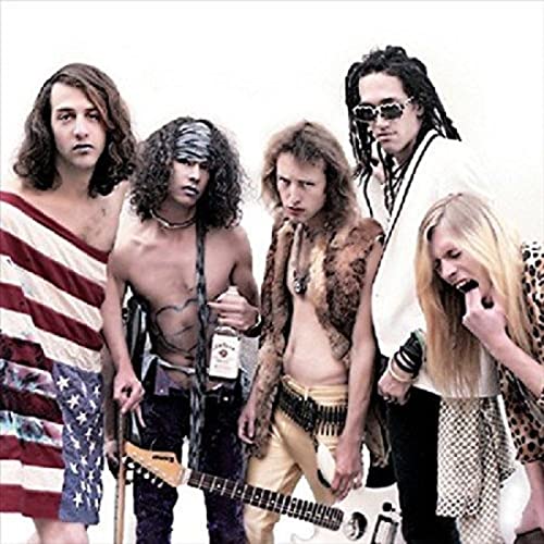 Five people with long hair posing, some holding instruments and bottles.