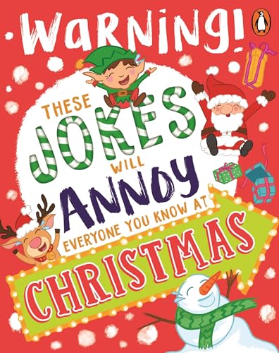Red book cover with cartoon Christmas characters and bold text.