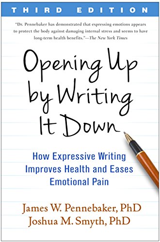 Book cover: "Opening Up by Writing It Down" with pen and lined paper.