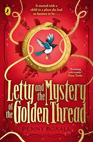 Book cover: red background, golden circle, bird, and title “Letty and the Mystery”.