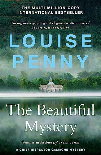 Book cover for The Beautiful Mystery by Louise Penny featuring a monastery by water.