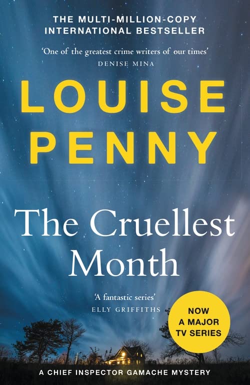 Book cover for “The Cruellest Month” by Louise Penny, with a winter scene.