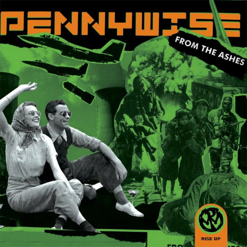 Green-tinted collage featuring a couple, military jets, and soldiers on a vinyl album cover.