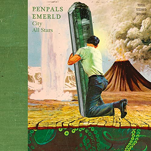 Vinyl record cover: man with emerald pillar near volcano.