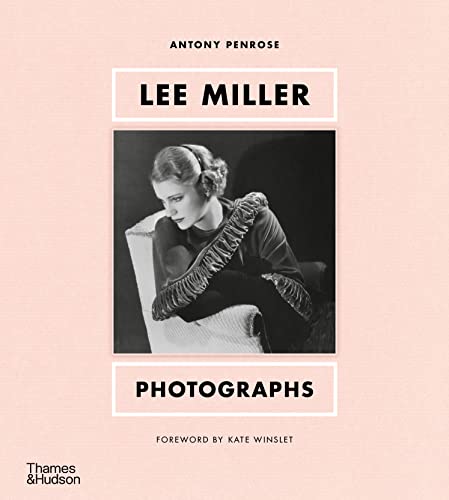 Book cover with a black and white portrait of Lee Miller on a pink background.
