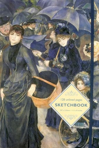 Renoir’s “The Umbrellas” painting on a sketchbook with blank pages.
