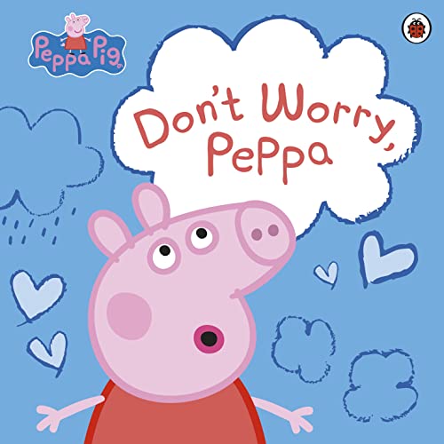 Peppa Pig book cover with speech bubble and hearts on blue background.