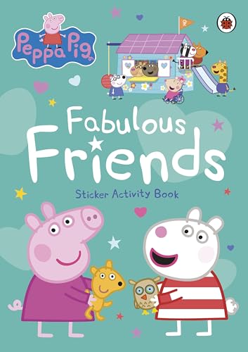 Peppa Pig and friends playhouse scene on a children’s sticker activity book cover.