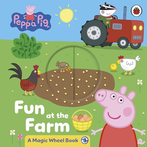Peppa Pig and farm animals with a rotating wheel in the center.