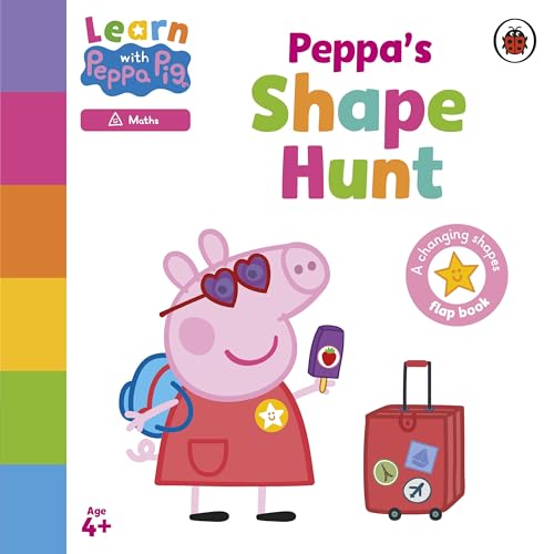 Peppa Pig book cover with Peppa, a suitcase, and colorful shapes.