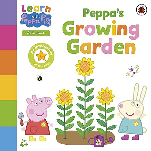 Peppa Pig book cover with Peppa, flowers, and a bunny in a garden.