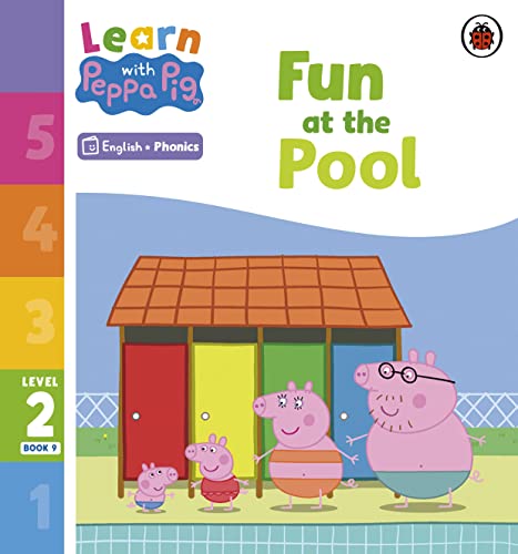 Peppa Pig and family at a colorful pool with changing huts.