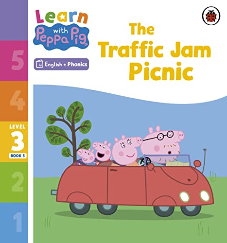 Peppa Pig family riding in a red car on a Learn with Peppa book cover.