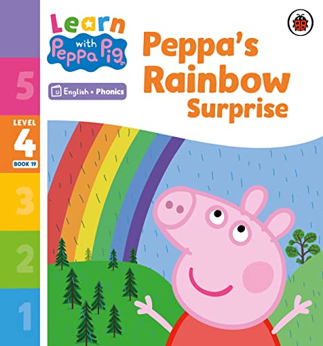 Peppa Pig phonics reader book cover with rainbow and Peppa.